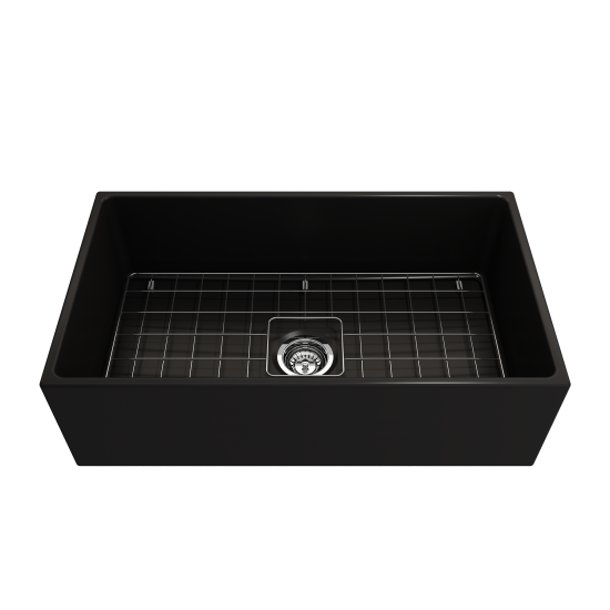 Contempo Apron Front Fireclay 33 in. Single Bowl Kitchen Sink with Protective Bottom Grid and Strainer in Matte Black