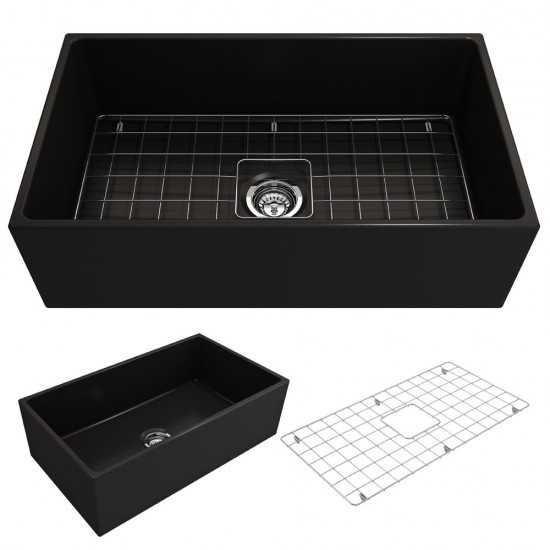 Contempo Apron Front Fireclay 33 in. Single Bowl Kitchen Sink with Protective Bottom Grid and Strainer in Matte Black