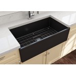 Contempo Apron Front Fireclay 33 in. Single Bowl Kitchen Sink with Protective Bottom Grid and Strainer in Matte Black