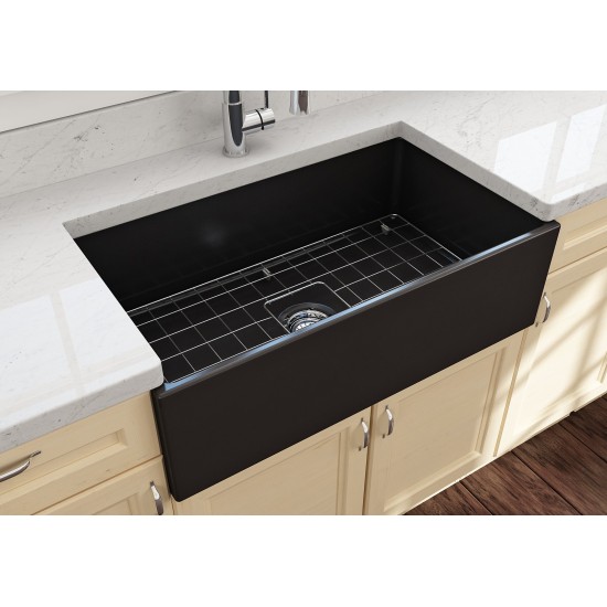 Contempo Apron Front Fireclay 33 in. Single Bowl Kitchen Sink with Protective Bottom Grid and Strainer in Matte Black