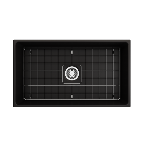 Contempo Apron Front Fireclay 33 in. Single Bowl Kitchen Sink with Protective Bottom Grid and Strainer in Matte Black