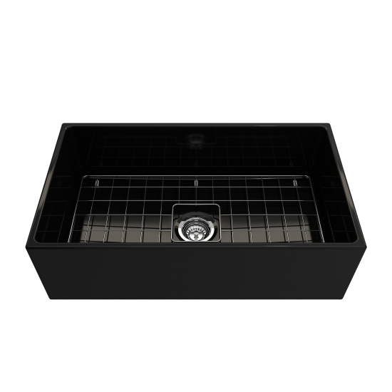 Contempo Apron Front Fireclay 33 in. Single Bowl Kitchen Sink with Protective Bottom Grid and Strainer in Black