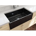 Contempo Apron Front Fireclay 33 in. Single Bowl Kitchen Sink with Protective Bottom Grid and Strainer in Black