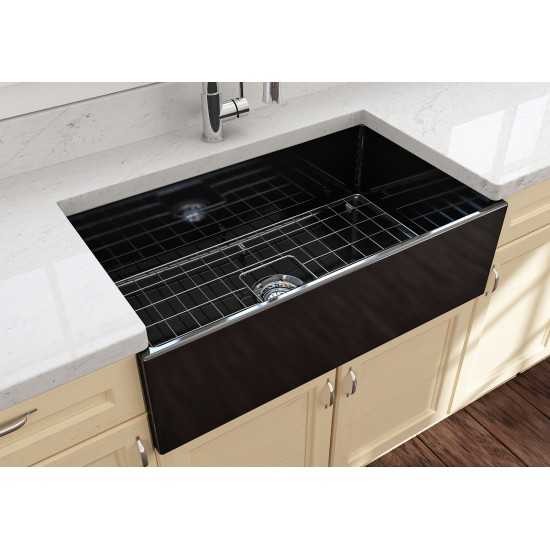 Contempo Apron Front Fireclay 33 in. Single Bowl Kitchen Sink with Protective Bottom Grid and Strainer in Black