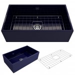 Contempo Apron Front Fireclay 33 in. Single Bowl Kitchen Sink with Protective Bottom Grid and Strainer in Sapphire Blue