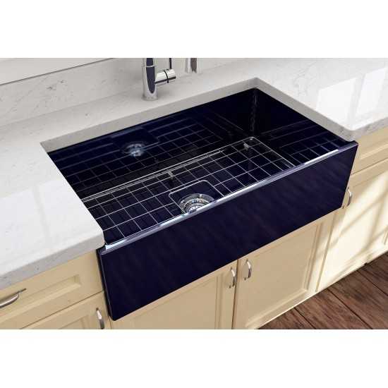 Contempo Apron Front Fireclay 33 in. Single Bowl Kitchen Sink with Protective Bottom Grid and Strainer in Sapphire Blue