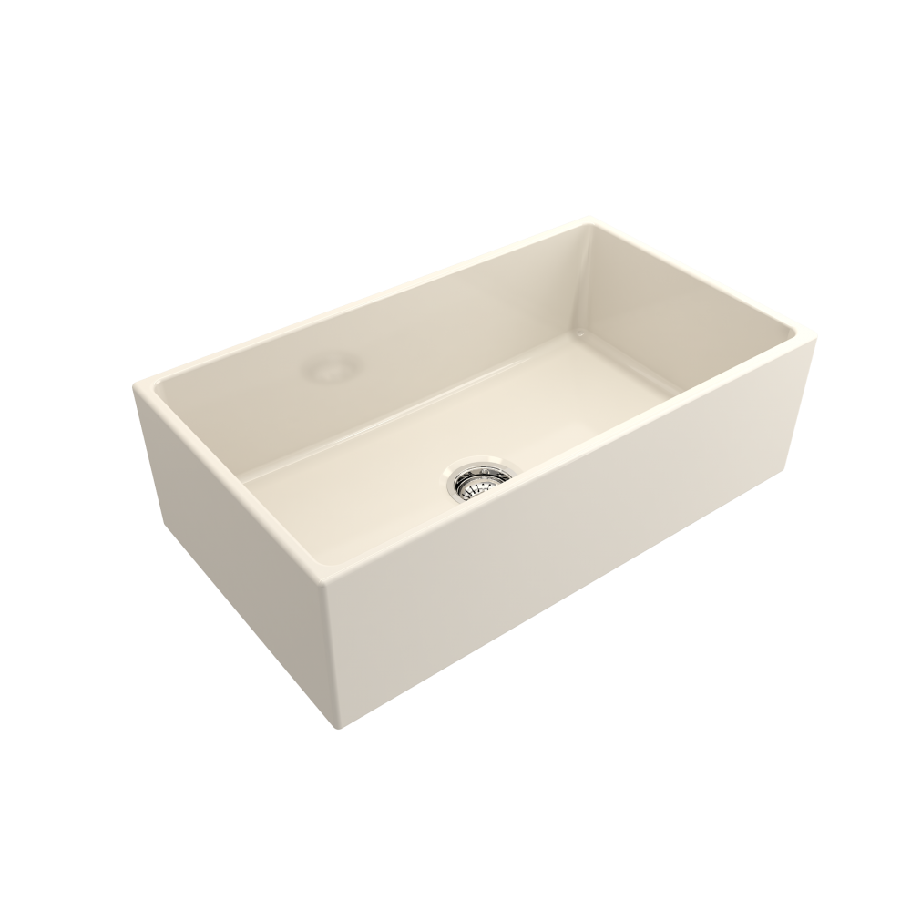 Contempo Apron Front Fireclay 33 in. Single Bowl Kitchen Sink with Protective Bottom Grid and Strainer in Biscuit