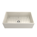 Contempo Apron Front Fireclay 33 in. Single Bowl Kitchen Sink with Protective Bottom Grid and Strainer in Biscuit