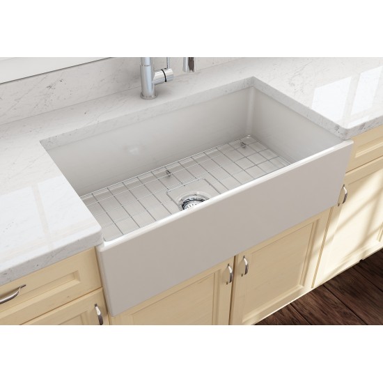 Contempo Apron Front Fireclay 33 in. Single Bowl Kitchen Sink with Protective Bottom Grid and Strainer in Biscuit