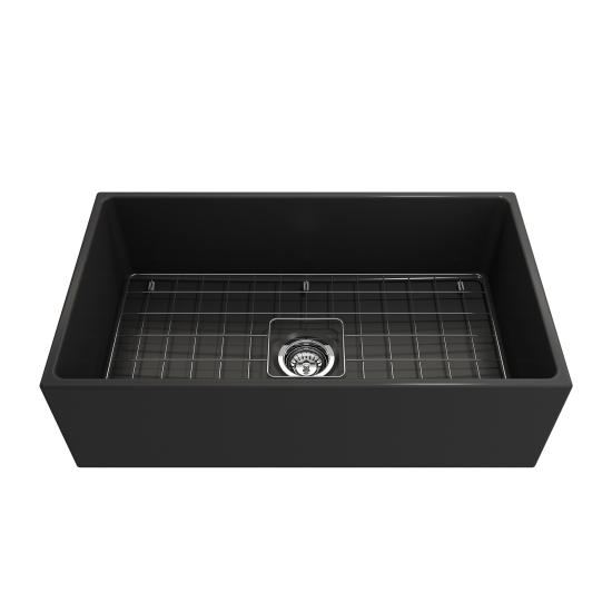 Contempo Apron Front Fireclay 33 in. Single Bowl Kitchen Sink with Protective Bottom Grid and Strainer in Matte Dark Gray