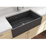 Contempo Apron Front Fireclay 33 in. Single Bowl Kitchen Sink with Protective Bottom Grid and Strainer in Matte Dark Gray