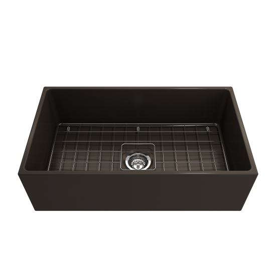 Contempo Apron Front Fireclay 33 in. Single Bowl Kitchen Sink with Protective Bottom Grid and Strainer in Matte Brown