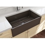 Contempo Apron Front Fireclay 33 in. Single Bowl Kitchen Sink with Protective Bottom Grid and Strainer in Matte Brown