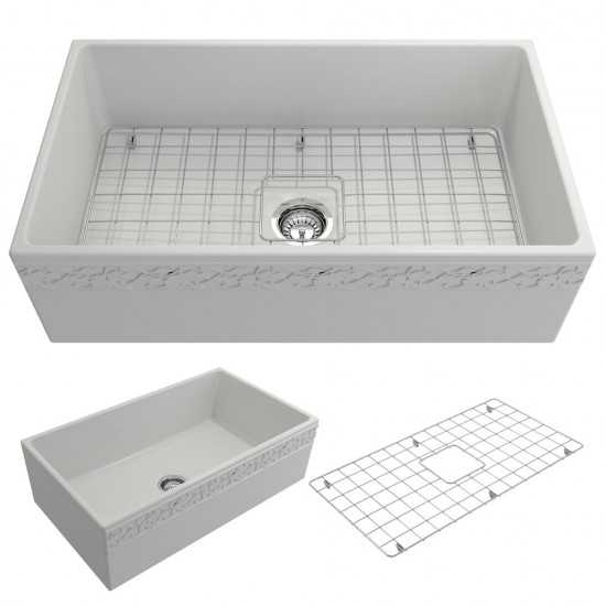 Vigneto Apron Front Fireclay 33 in. Single Bowl Kitchen Sink with Protective Bottom Grid and Strainer in Matte White