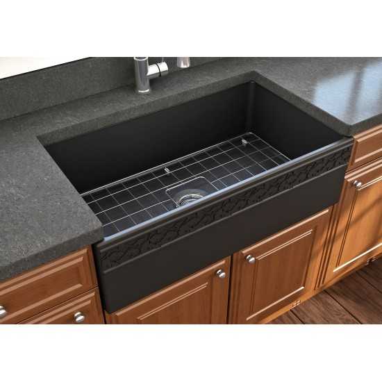 Vigneto Apron Front Fireclay 33 in. Single Bowl Kitchen Sink with Protective Bottom Grid and Strainer in Matte Black