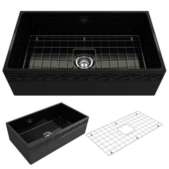 Vigneto Apron Front Fireclay 33 in. Single Bowl Kitchen Sink with Protective Bottom Grid and Strainer in Black