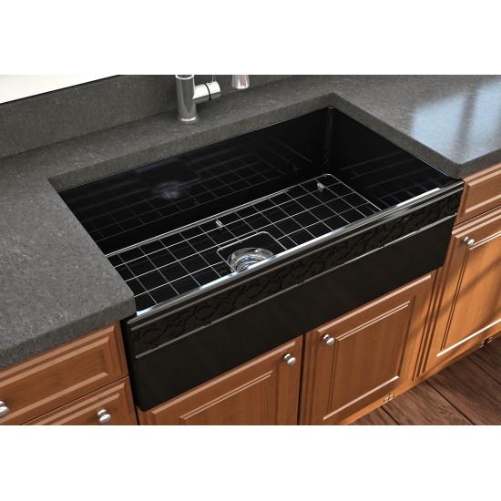 Vigneto Apron Front Fireclay 33 in. Single Bowl Kitchen Sink with Protective Bottom Grid and Strainer in Black