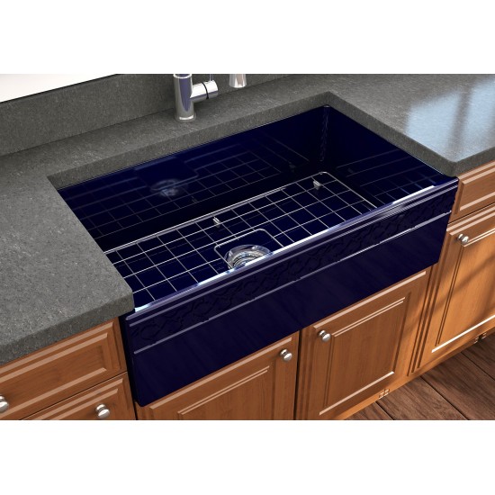 Vigneto Apron Front Fireclay 33 in. Single Bowl Kitchen Sink with Protective Bottom Grid and Strainer in Sapphire Blue