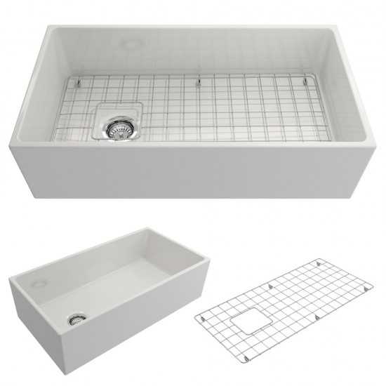 Contempo Apron Front Fireclay 36 in. Single Bowl Kitchen Sink with Protective Bottom Grid and Strainer in White