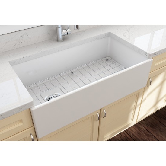 Contempo Apron Front Fireclay 36 in. Single Bowl Kitchen Sink with Protective Bottom Grid and Strainer in White