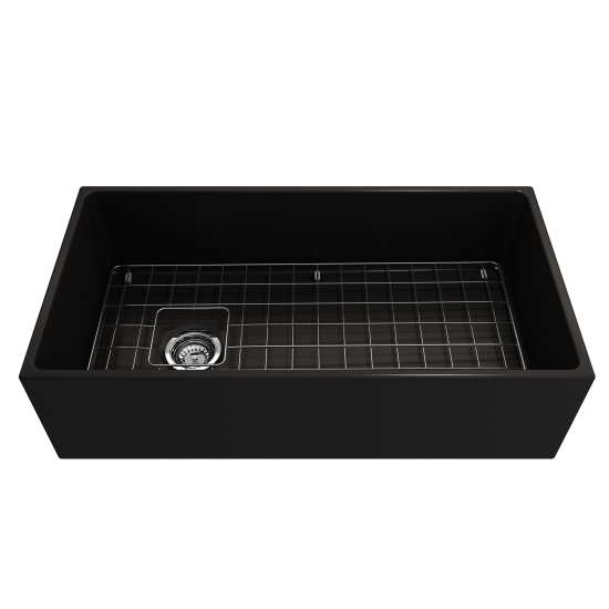 Contempo Apron Front Fireclay 36 in. Single Bowl Kitchen Sink with Protective Bottom Grid and Strainer in Matte Black