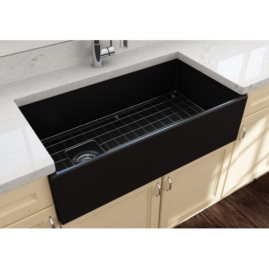 Contempo Apron Front Fireclay 36 in. Single Bowl Kitchen Sink with Protective Bottom Grid and Strainer in Matte Black