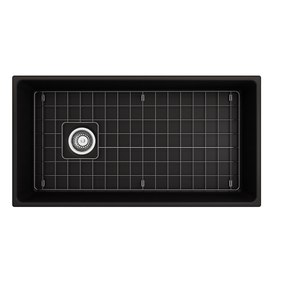Contempo Apron Front Fireclay 36 in. Single Bowl Kitchen Sink with Protective Bottom Grid and Strainer in Matte Black