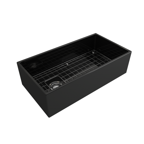Contempo Apron Front Fireclay 36 in. Single Bowl Kitchen Sink with Protective Bottom Grid and Strainer in Black