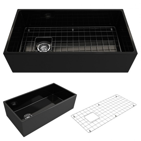 Contempo Apron Front Fireclay 36 in. Single Bowl Kitchen Sink with Protective Bottom Grid and Strainer in Black