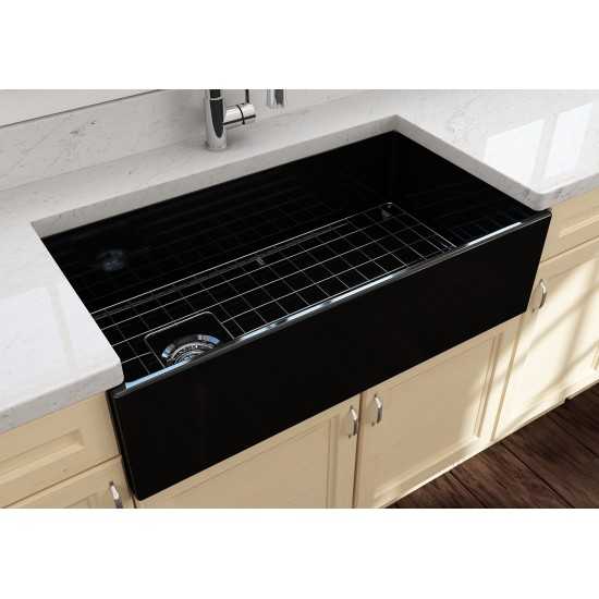 Contempo Apron Front Fireclay 36 in. Single Bowl Kitchen Sink with Protective Bottom Grid and Strainer in Black