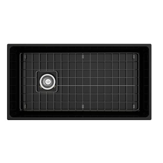 Contempo Apron Front Fireclay 36 in. Single Bowl Kitchen Sink with Protective Bottom Grid and Strainer in Black