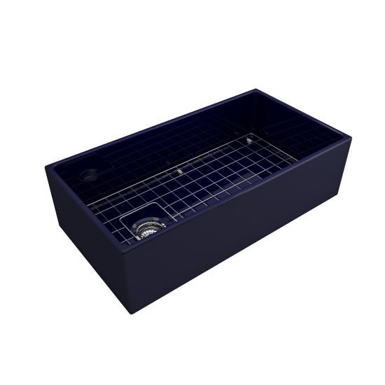 Contempo Apron Front Fireclay 36 in. Single Bowl Kitchen Sink with Protective Bottom Grid and Strainer in Sapphire Blue