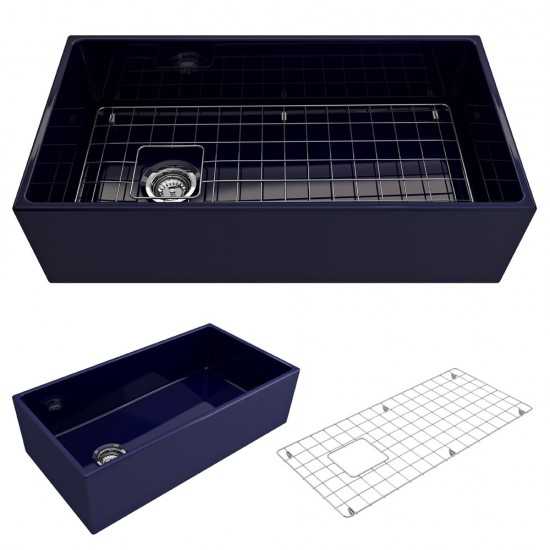 Contempo Apron Front Fireclay 36 in. Single Bowl Kitchen Sink with Protective Bottom Grid and Strainer in Sapphire Blue