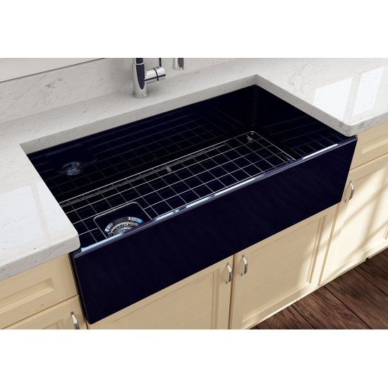 Contempo Apron Front Fireclay 36 in. Single Bowl Kitchen Sink with Protective Bottom Grid and Strainer in Sapphire Blue