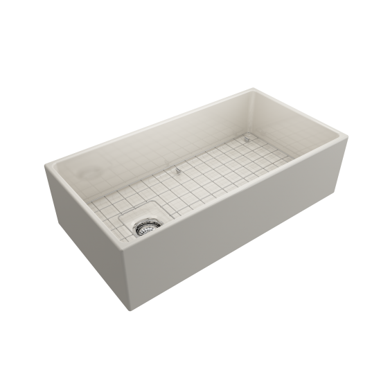 Contempo Apron Front Fireclay 36 in. Single Bowl Kitchen Sink with Protective Bottom Grid and Strainer in Biscuit