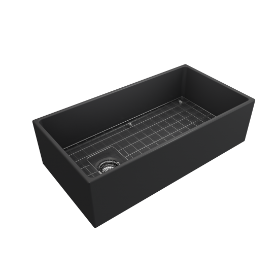 Contempo Apron Front Fireclay 36 in. Single Bowl Kitchen Sink with Protective Bottom Grid and Strainer in Matte Dark Gray
