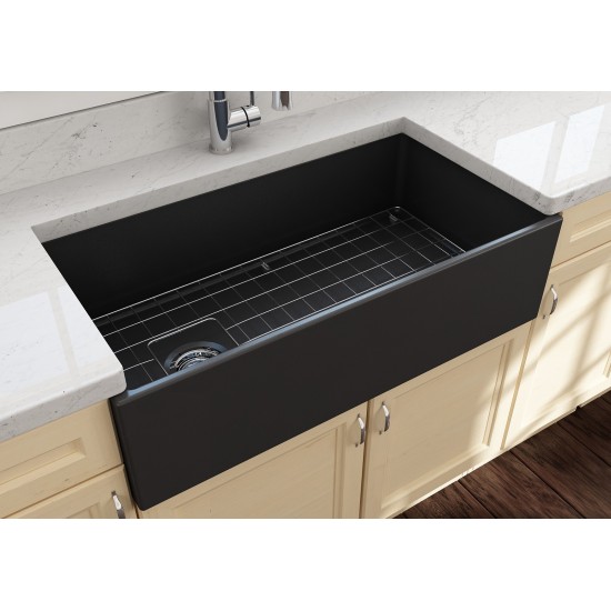 Contempo Apron Front Fireclay 36 in. Single Bowl Kitchen Sink with Protective Bottom Grid and Strainer in Matte Dark Gray