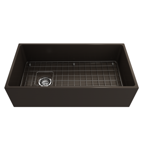 Contempo Apron Front Fireclay 36 in. Single Bowl Kitchen Sink with Protective Bottom Grid and Strainer in Matte Brown
