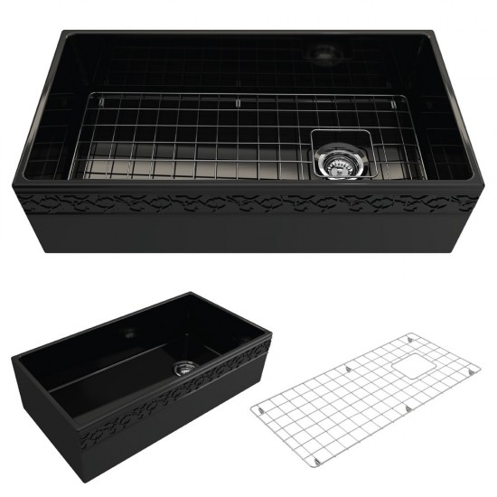 Vigneto Apron Front Fireclay 36 in. Single Bowl Kitchen Sink with Protective Bottom Grid and Strainer in Black