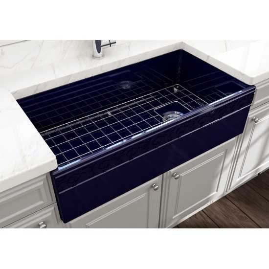Vigneto Apron Front Fireclay 36 in. Single Bowl Kitchen Sink with Protective Bottom Grid and Strainer in Sapphire Blue