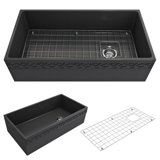 Vigneto Apron Front Fireclay 36 in. Single Bowl Kitchen Sink with Protective Bottom Grid and Strainer in Matte Dark Gray