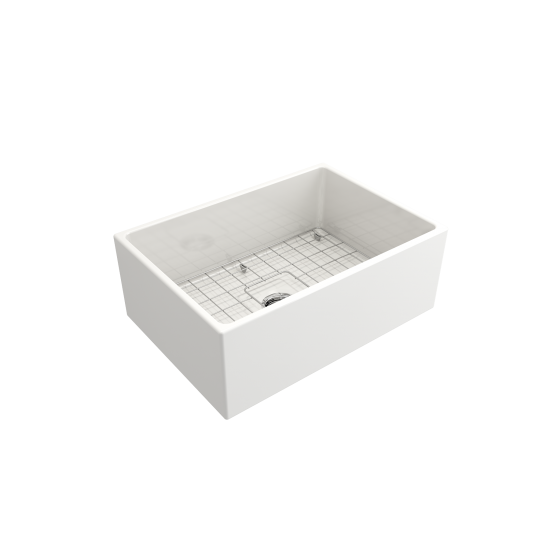 Contempo Apron Front Fireclay 27 in. Single Bowl Kitchen Sink with Protective Bottom Grid and Strainer in White