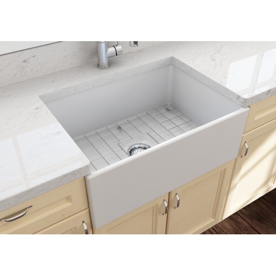 Contempo Apron Front Fireclay 27 in. Single Bowl Kitchen Sink with Protective Bottom Grid and Strainer in Matte White