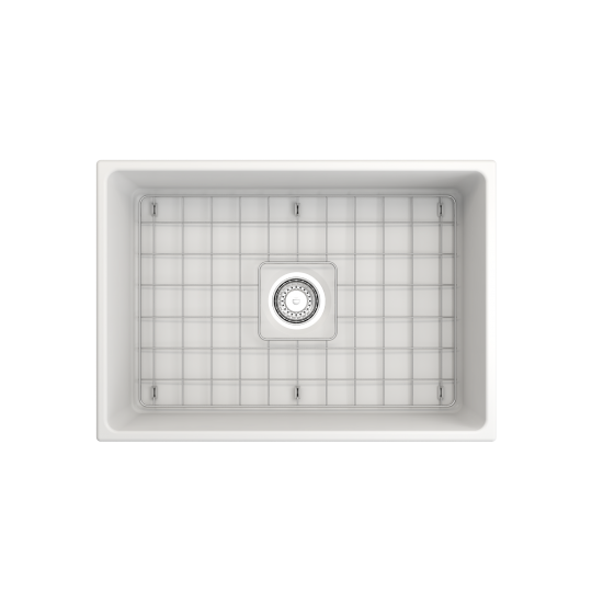 Contempo Apron Front Fireclay 27 in. Single Bowl Kitchen Sink with Protective Bottom Grid and Strainer in Matte White