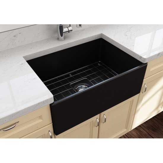 Contempo Apron Front Fireclay 27 in. Single Bowl Kitchen Sink with Protective Bottom Grid and Strainer in Matte Black