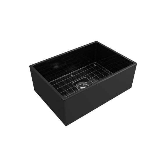 Contempo Apron Front Fireclay 27 in. Single Bowl Kitchen Sink with Protective Bottom Grid and Strainer in Black