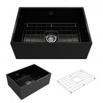 Contempo Apron Front Fireclay 27 in. Single Bowl Kitchen Sink with Protective Bottom Grid and Strainer in Black