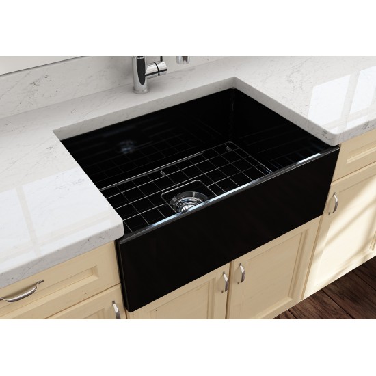 Contempo Apron Front Fireclay 27 in. Single Bowl Kitchen Sink with Protective Bottom Grid and Strainer in Black