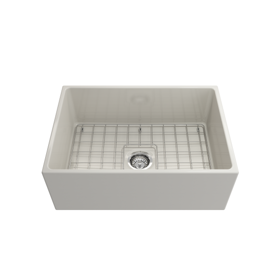 Contempo Apron Front Fireclay 27 in. Single Bowl Kitchen Sink with Protective Bottom Grid and Strainer in Biscuit