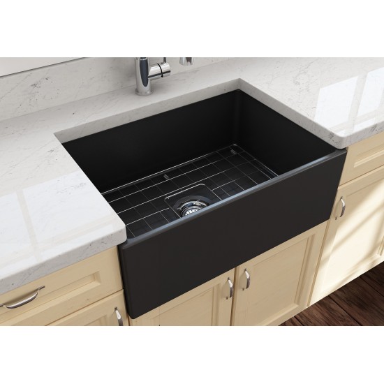 Contempo Apron Front Fireclay 27 in. Single Bowl Kitchen Sink with Protective Bottom Grid and Strainer in Matte Dark Gray
